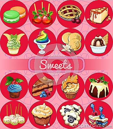 Great set of desserts, 16 delicious icons Stock Photo