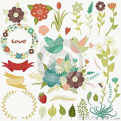 Great set of flowers, leaves, branches, wreaths, labels, hearts. Stock Photo