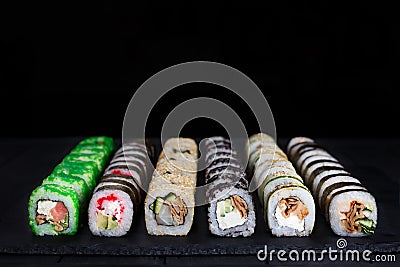Great set of traditional uramaki and futomaki sushi rolls with w Stock Photo