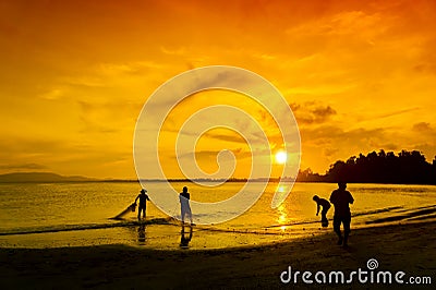 Great silhouette fisherman Stock Photo