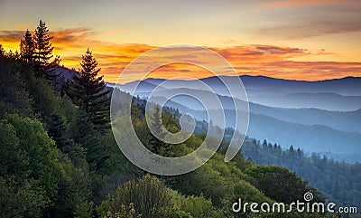 Great Smoky Mountains National Park Scenic Sunrise Landscape Stock Photo