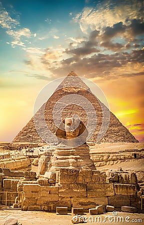 Great sphinx and pyramid Stock Photo