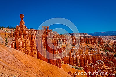 Great spires carved away by erosion in Bryce Canyon National Park, Utah, USA. The largest spire is called Thor`s Hammer. Stock Photo