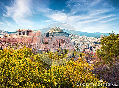 Great spring view of Parthenon, former temple, on the Athenian Acropolis, Greece, Europe. Stock Photo