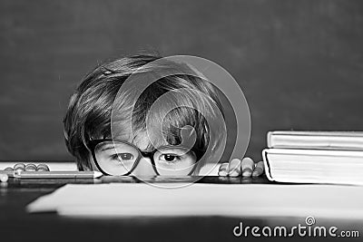 Great study achievement. Hard exam. Schoolchild. Preschooler. Learning concept. Blackboard background - copy space. Stock Photo