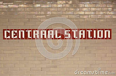 Great writing of the central railway station in Amsterdam city i Stock Photo