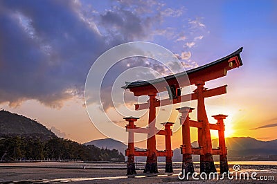 Great torii of Miyajima at sunset, near Hiroshima Japan Stock Photo