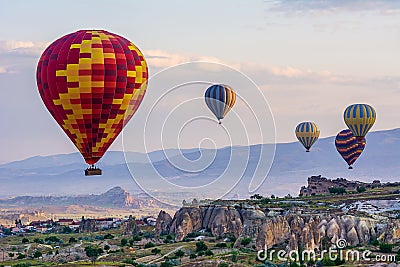 The great tourist attraction of Cappadocia - balloon flight. Cap Stock Photo