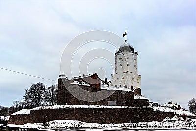 Russia, Vyborg, January 2021. View of the Vyborg castle on a cloudy winter day. Editorial Stock Photo