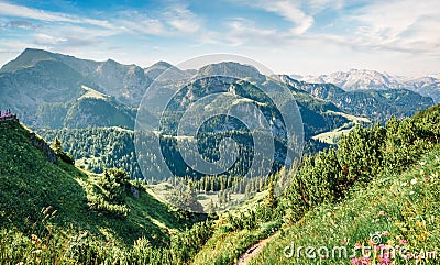 Great view from top of cableway above the Konigsee lake on Schneibstein mountain ridge. Bright summer morning on a border of Stock Photo