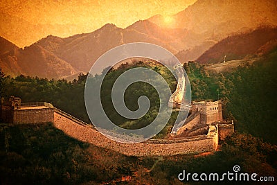 Great Wall of China.Vintage styled design in warm golden sun. Like handpainted old postcards Stock Photo
