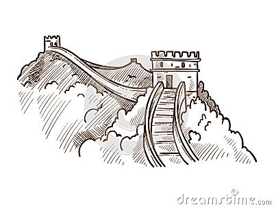 Great wall of China monochrome sketch outline vector illustration Vector Illustration