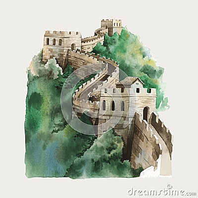 The Great Wall of China watercolor illustration Vector Illustration