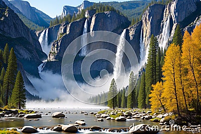 a great waterfall in the early spring. Stock Photo