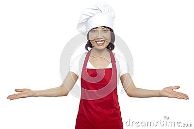 Great welcome by experienced asian female chef Stock Photo
