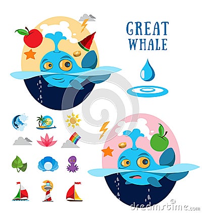 Great whale and ocean icons Vector Illustration