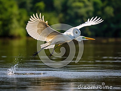 Great White Egret in flight Cartoon Illustration