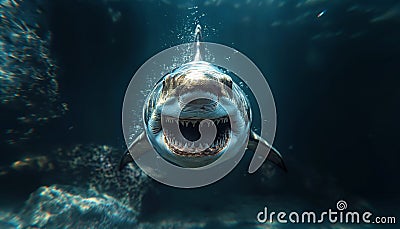 Great White Menace: Apex Predator with Razor-Sharp Teeth Lurks in Ocean Depths and suddenly appears up and attacking its victim. Stock Photo