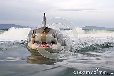 Great White Shark (Carcharodon carcharias) at the beach. Generative AI Stock Photo