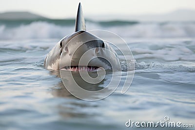 Great White Shark (Carcharodon carcharias) at the beach. Generative AI Stock Photo
