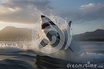 A great white shark jumping out of the water creates a thrilling image of danger and adrenaline Stock Photo