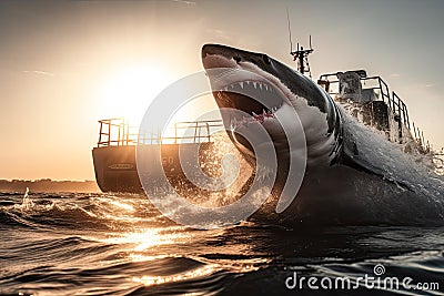 Great white shark jumping out of the water at sunset with a boat in the background, ai-generated artwork Stock Photo