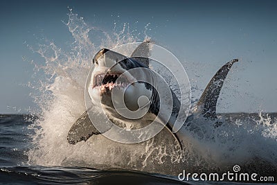 A great white shark jumping out of the water creates a thrilling image of danger and adrenaline Stock Photo