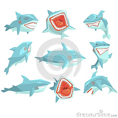 Great White Shark Marine Fish Living In Warm Sea Waters Realistic Cartoon Character Vector Set Of Different Views Vector Illustration