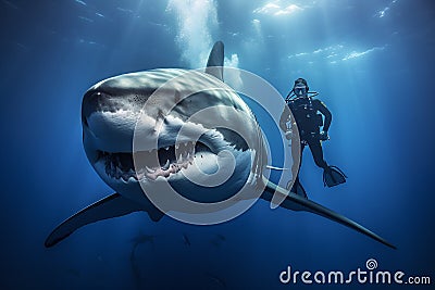 Great white shark posing in deep blue water with diver. AI generated Stock Photo