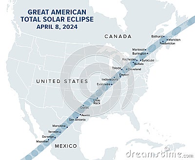 Great American Total Solar Eclipse, on April 8, 2024, political map Vector Illustration