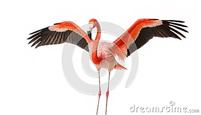 Greater flamingo - Phoenicopterus roseus - are famous for their bright pink feathers, stilt like legs, and S shaped neck. Isolated Stock Photo