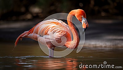 Greater flamingo wading in tranquil pink pond generated by AI Stock Photo