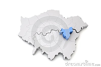 Greater London map showing Wandsworth borough in blue. 3D Rendering Stock Photo