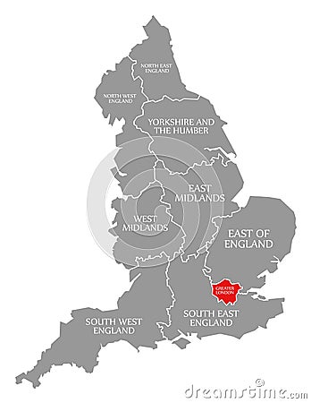 Greater London red highlighted in map of England UK Cartoon Illustration