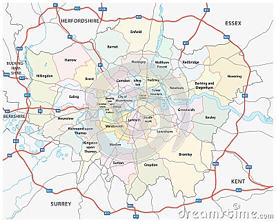 Greater london road and administrative map Vector Illustration