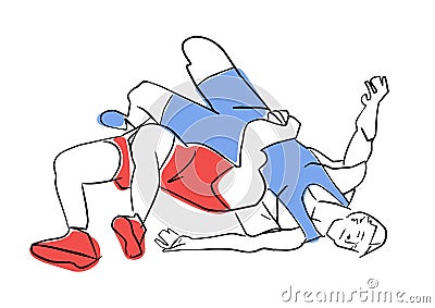 Greco-Roman wrestling. Black contour, isolated colors. Vector Illustration