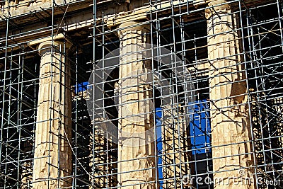 Scaffolding for restoration works on Parthenon temple Editorial Stock Photo