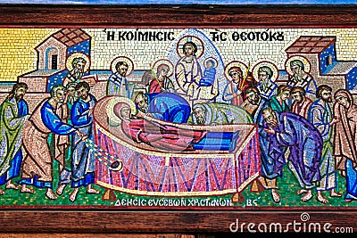 Beautiful mosaic showing the Dormition of the Virgin Mary Editorial Stock Photo