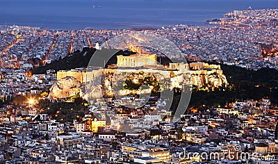 Greece - Athens skyline at night with acropolis Stock Photo