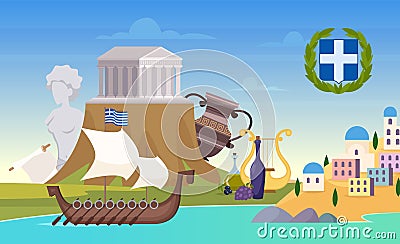 Greece background. Landmarks architectural objects of greece old ancient objects and symbols exact vector cartoon Vector Illustration