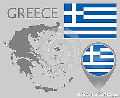 Greece flag, blank map and map pointer Cartoon Illustration