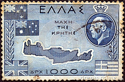 GREECE - CIRCA 1950: A stamp printed in Greece shows Map of Crete, flags of Greece, Great Britain, Australia, New Zealand Editorial Stock Photo