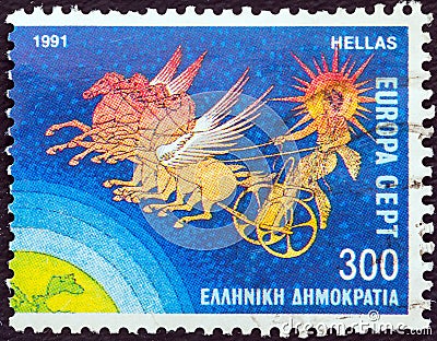 GREECE - CIRCA 1991: A stamp printed in Greece from the `Europa` issue shows Helios and Chariot of the Sun, circa 1991. Editorial Stock Photo