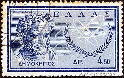 GREECE - CIRCA 1961: A stamp printed in Greece shows ancient Greek philosopher Democritus, circa 1961. Editorial Stock Photo