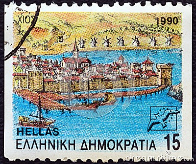 GREECE - CIRCA 1990: A stamp printed in Greece shows a view of Chios town, Chios island, circa 1990. Editorial Stock Photo