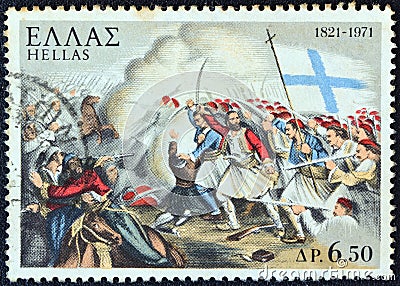 GREECE - CIRCA 1971: A stamp printed in Greece shows the Battle of Maniaki 1825 from a lithograph, circa 1971. Editorial Stock Photo