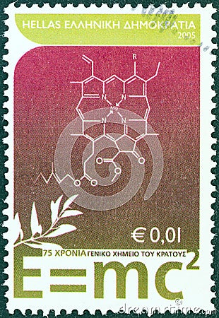 GREECE - CIRCA 2005: A stamp printed in Greece shows `E = mc2` mass energy equivalence formula of Einstein, circa 2005. Editorial Stock Photo