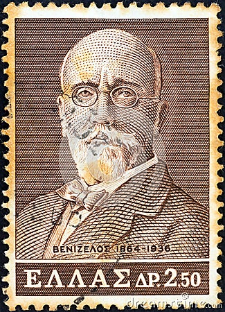 GREECE - CIRCA 1965: A stamp printed in Greece shows Eleftherios Venizelos, circa 1965. Editorial Stock Photo