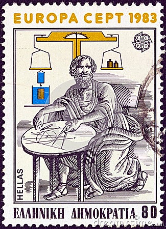 GREECE - CIRCA 1983: A stamp printed in Greece shows ancient Greek mathematician and physicist Archimedes of Syracuse, circa 1983. Editorial Stock Photo