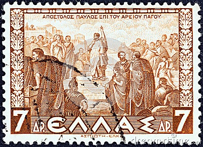 GREECE - CIRCA 1937: A stamp printed in Greece shows Apostle Paul on Areopagus hill, circa 1937. Editorial Stock Photo